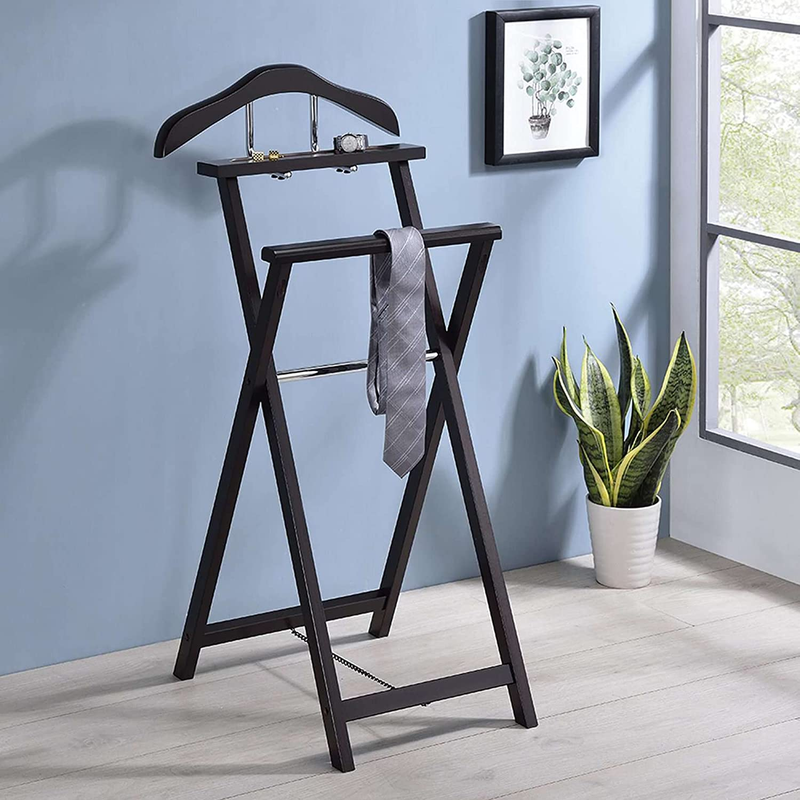 Furniture-Oliver Foldable Wood Suit Valet Rack Stand Organizer, Walnut