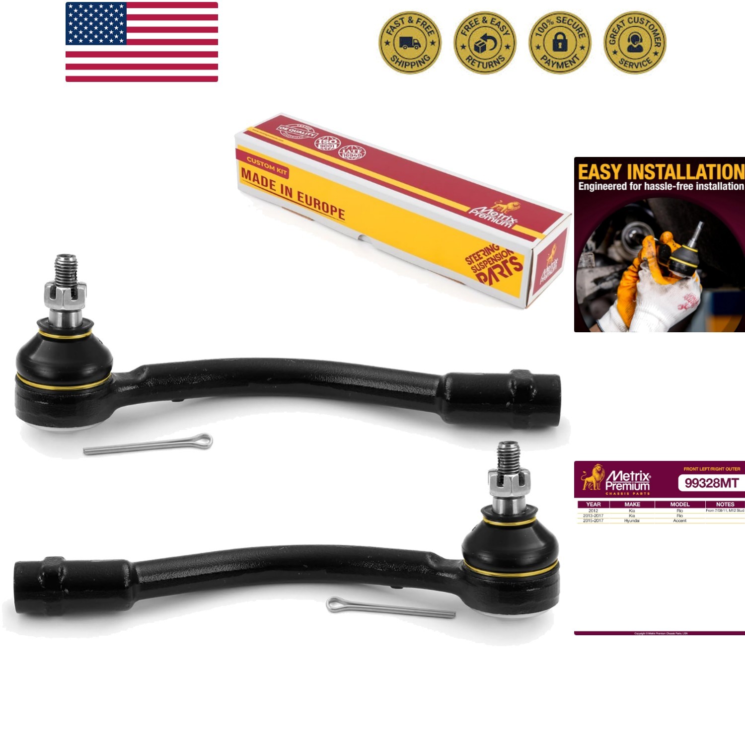 Front Left & Right Outer Tie Rod End Kit Fits 2012 Kia Rio, 2013