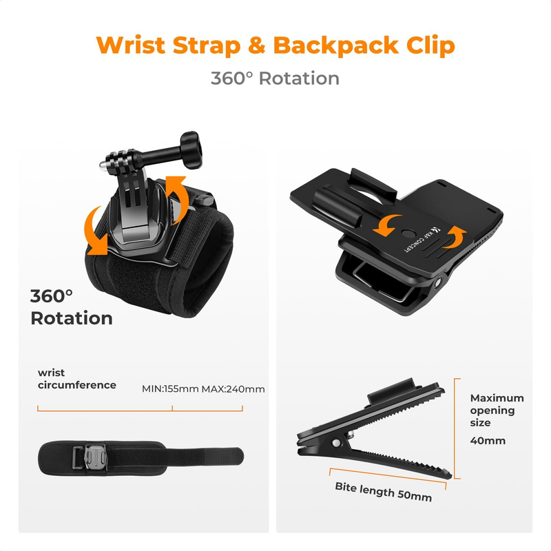 4-in-1 Adjustable Chest Strap, Head Mount, Wrist Band, Backpack Clip, with Phone