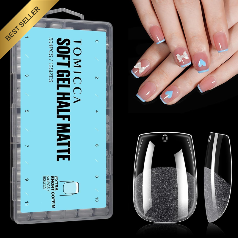 510PCS Extra Short Coffin Gel Tips Half Matte Full Cover Press On Acrylic Kit