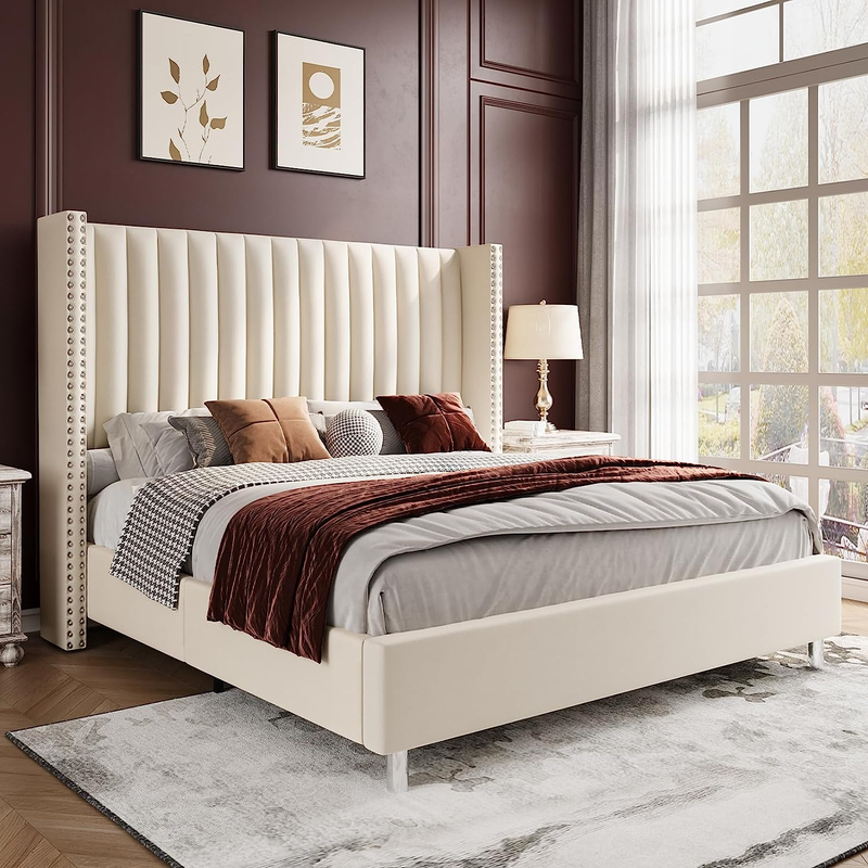 Tufted Upholstered Bed With Raised Wingback Headboard Lo
