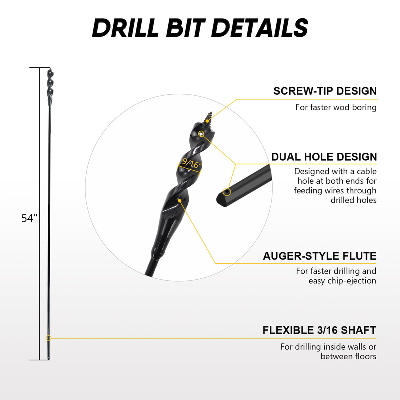 Flexible Installer Drill Bit 9/16-Inch by 54-Inch Fish Bit for Pulling Wire Thro