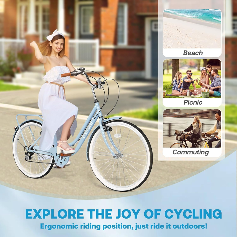 26 Inch Beach Cruiser Bike for Women, Hybrid Cruiser Bike with 7 Speed, Adjustab