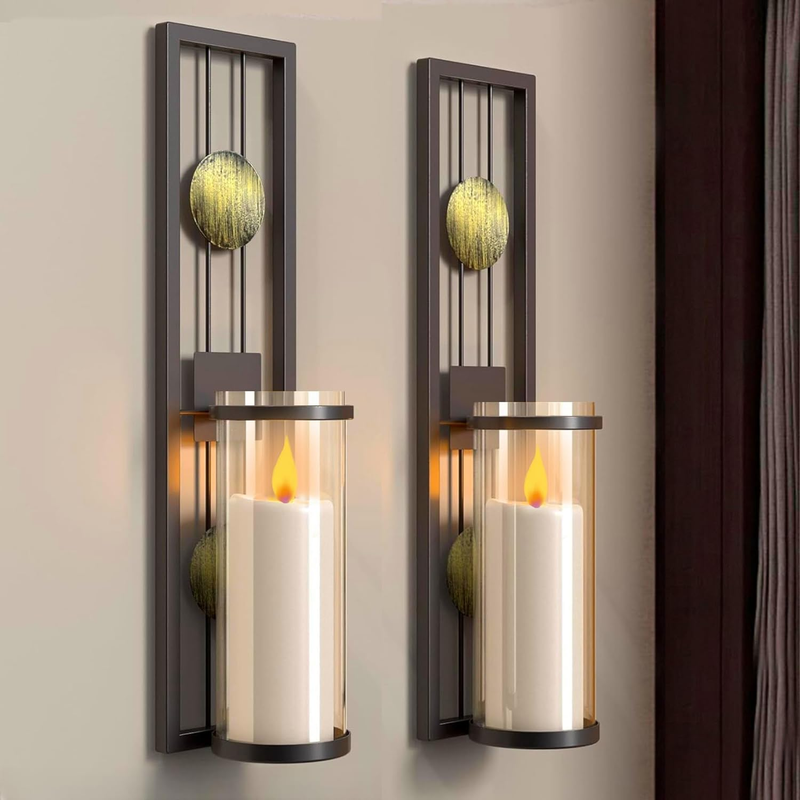 Set of 2 Wall Sconce with Candle Holders, Metal Antique Bronze Style Wall