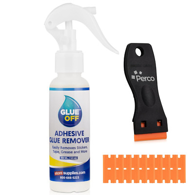 Perco Glue Off Adhesive Remover 3.3 oz & Scraper with Plastic Razor for Removing