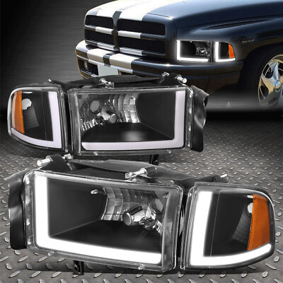 [ДВОЙНОЙ L-ОБРАЗНЫЙ СВЕТОДИОДНЫЙ ФОНАРЬ DRL]ДЛЯ ФАР 94-02 DODGE RAM 1500 2500 3500 ЧЕРНЫЙ/ЯНТАРНЫЙ