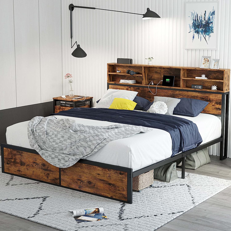 Full Size Bed Frame with Tall Bookcase Headboard and Charging Station, Solid and