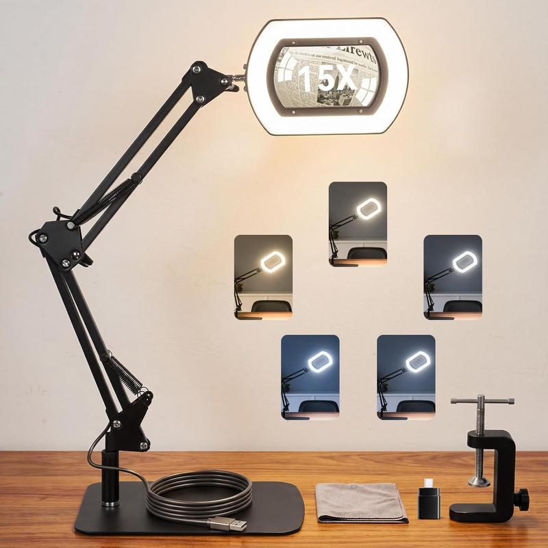 15X Square Magnifying Glass with Light and Stand, 5 Color Stepless Dimmable 2-In