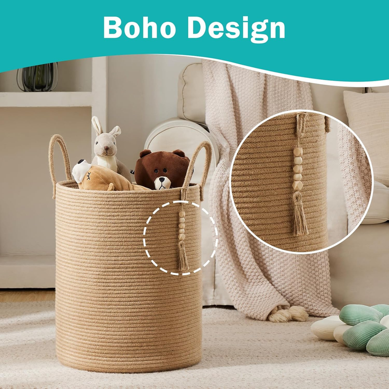 Jute Rope Laundry Hamper Basket, 58L Tall Woven Collapsible Baskets for Blanket