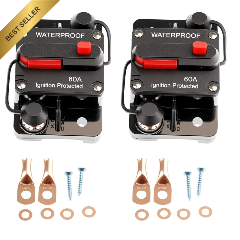 2Pcs 60Amp Circuit Breaker DC 12V-48V with Inline Fuse Manual Reset Waterproof f