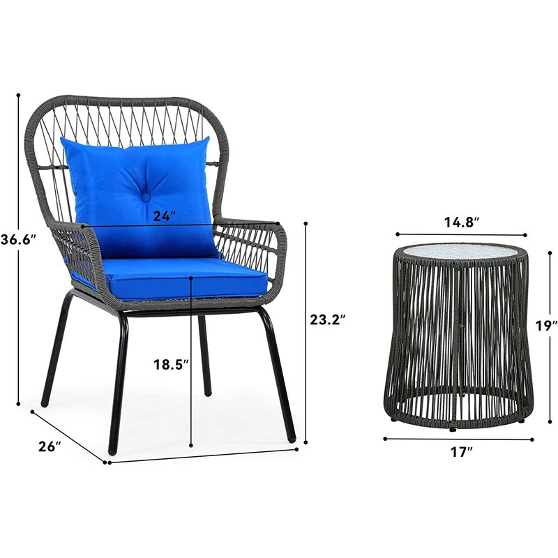 3PCS Wicker Rattan Table Chair Patio Outdoor Furniture Conversation Bistro Table