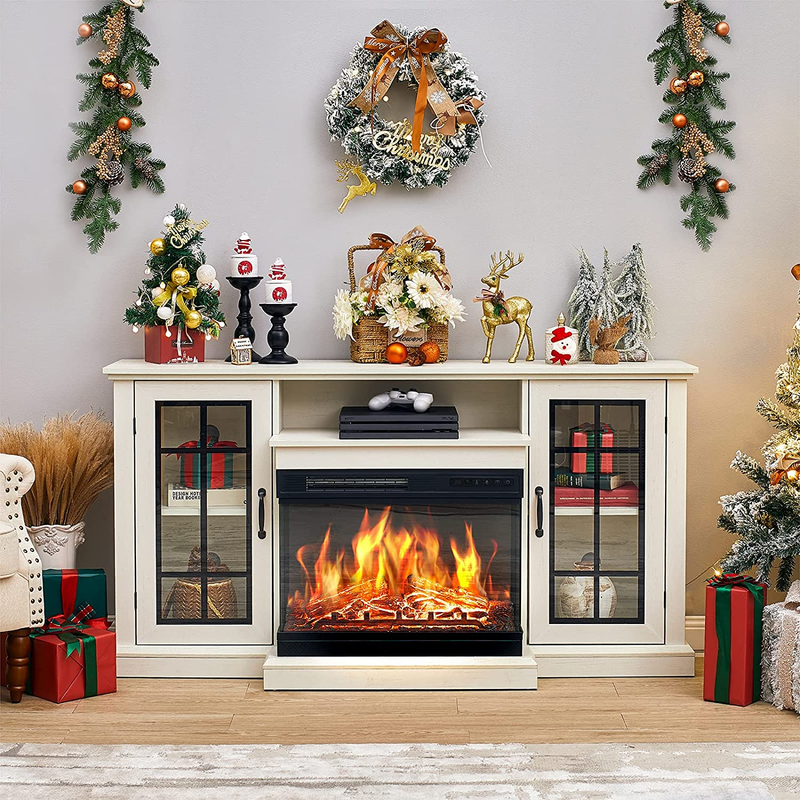 3-Sided Glass Fireplace TV Stand for Tvs up to 65", Glass Door, Distressed White