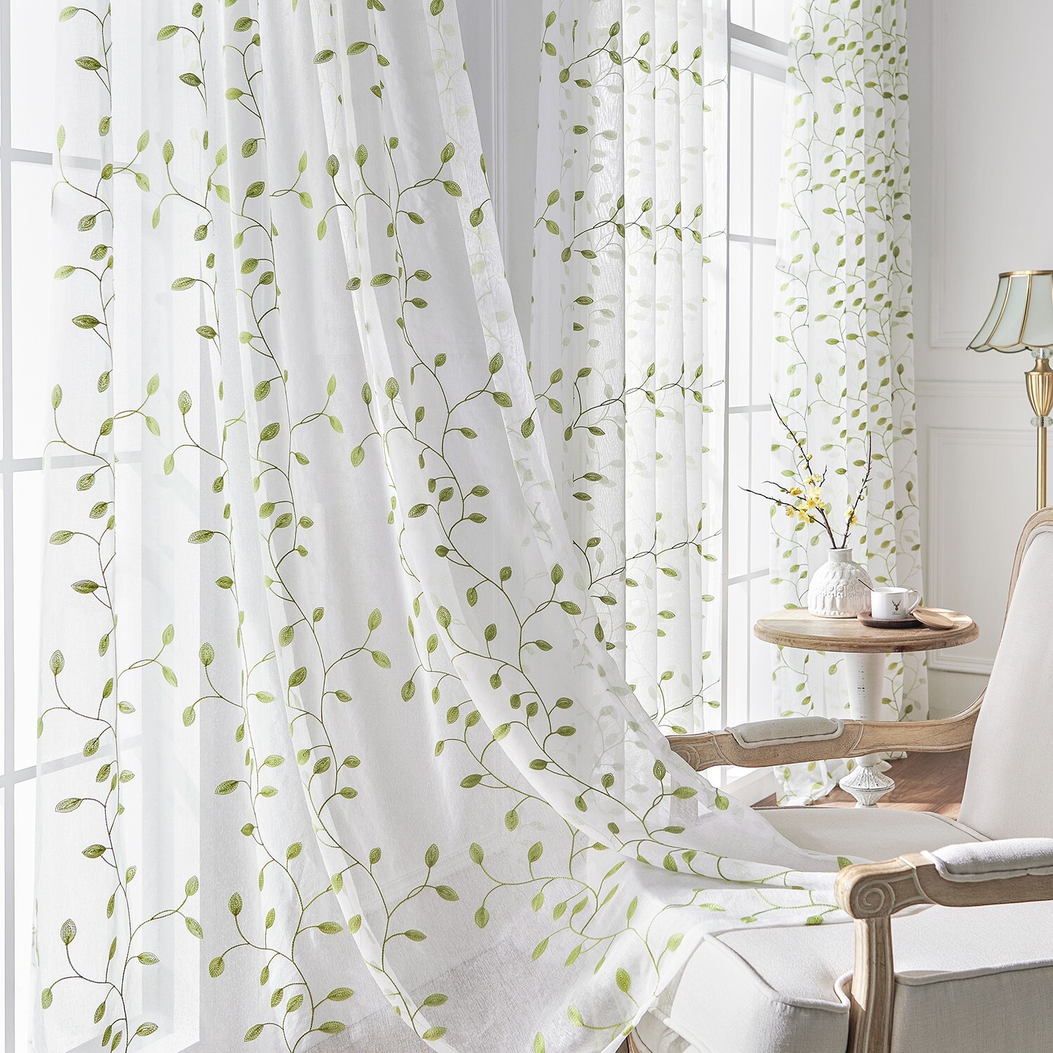2 Panels Sheer Embroidered Leaf Curtain Voile Tulle Window