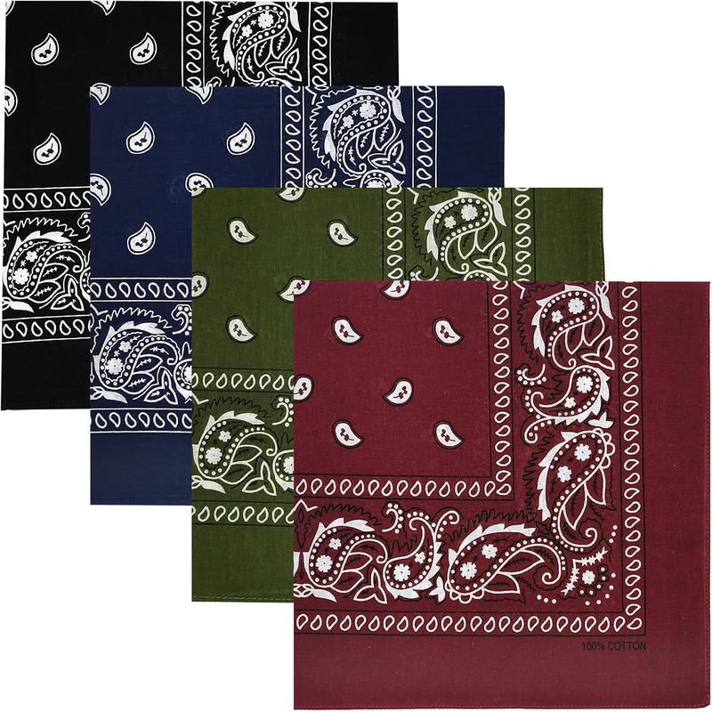 4 Pack 100% Cotton Bandanas 22X22 Inches - Multi-Purpose Square Scarfs for Men &