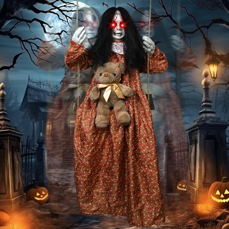 Halloween Animatronic Hanging Ghost 3.9 Ft Light Up Eyes Sound Yard Prop Decor