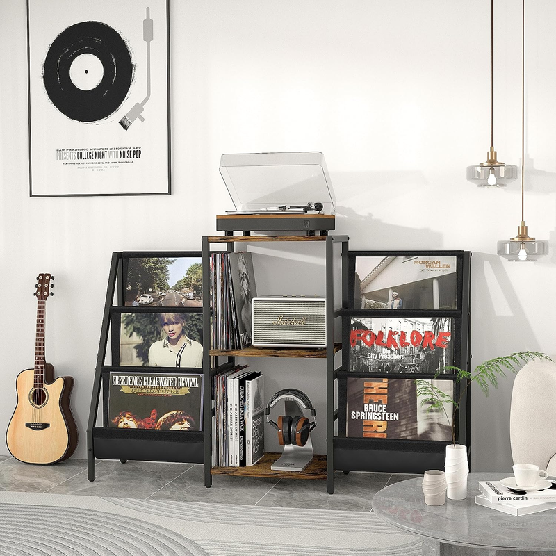Record Player Stand with Two Side Display Shelves - 280 Album Capacity Storage  