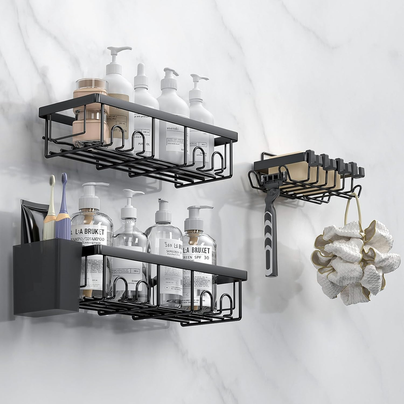 Shower Shelf without Drilling, 3-Pack Shower Shelf, Black Bathroom Shelf for Sel