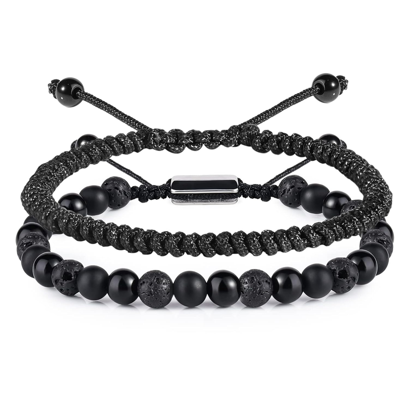 Black Beaded Bracelets for Men Boys - 6Mm Obsidian Onyx Lava Beads Mens Bracelet Set Mens Jewelry - Cool Anniversary Valentines Fathers Birthday Gifts for Him Boyfriend Husband Man Son Dad