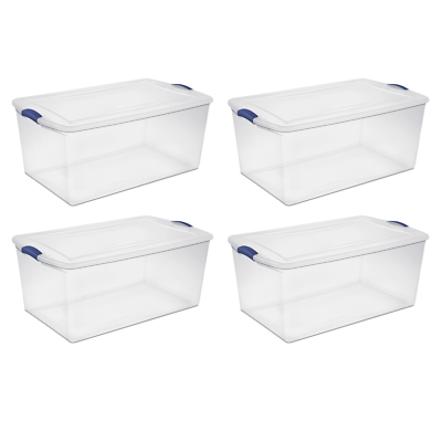 Set of 4 Large Storage Containers 105 Quart Clear Plastic Totes Latching Lids