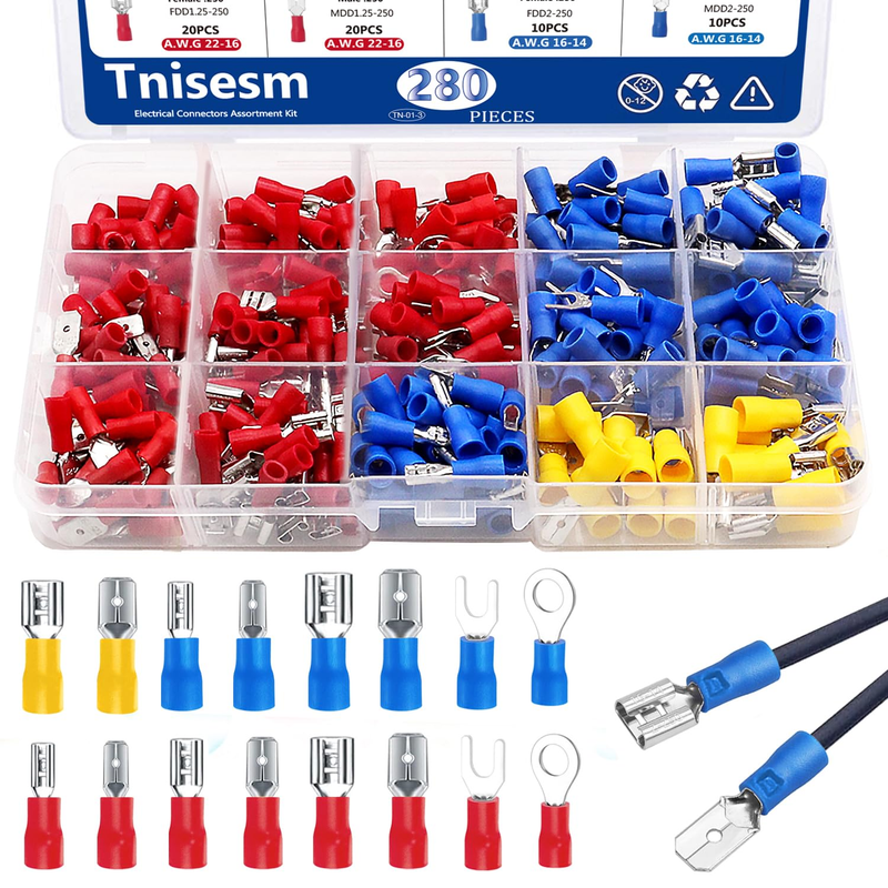 280Pcs Spade Connector,Crimp Connectors 2.8mm 4.8mm 6.3mm Male and Female Spade