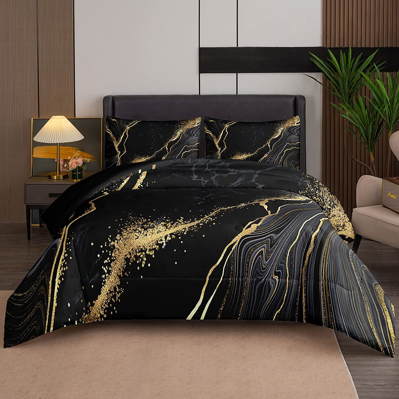 Tailor Shop Marble Bedding Set Soft Microfiber Black and Gold Comforter Set Full