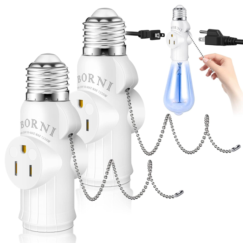 2 PCS  Light Socket to Plug Adapter with Pull Chain, 3 Prong Light Bulb Outlet S