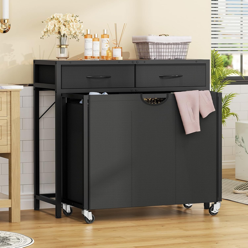 FIONESO Rolling Laundry Basket, Laundry Hamper with 3 Section Pull-Out Bags, 2 D