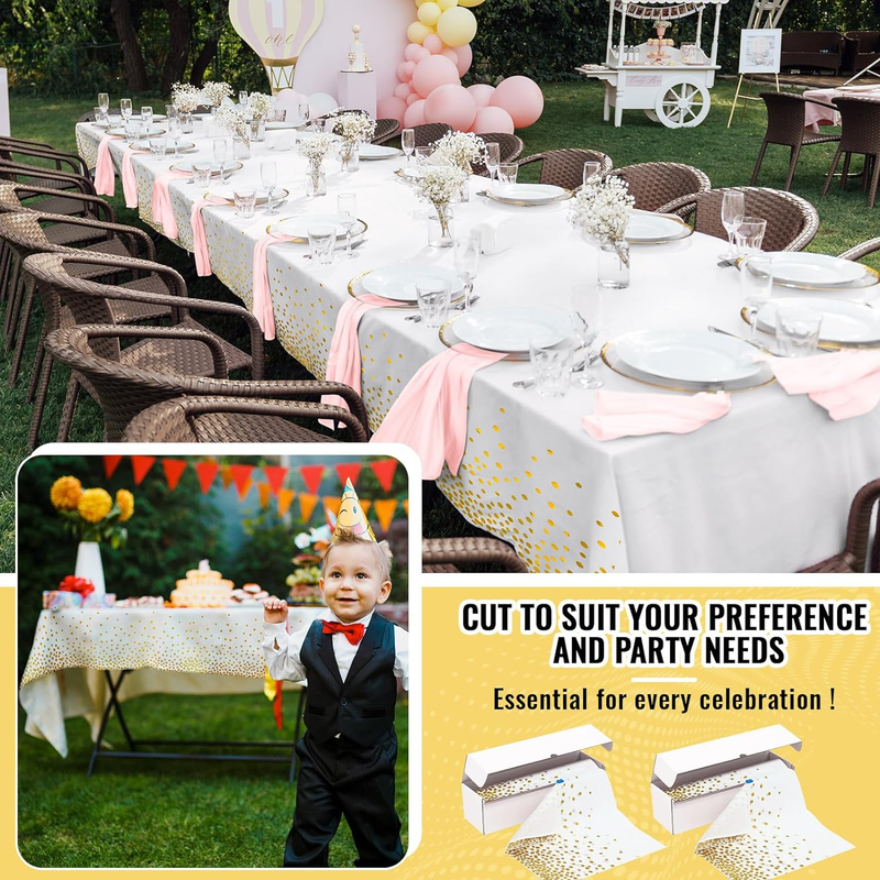 2 Pcs White and Gold Tablecloth Roll Plastic Table Cloth Roll Plastic Table Cove
