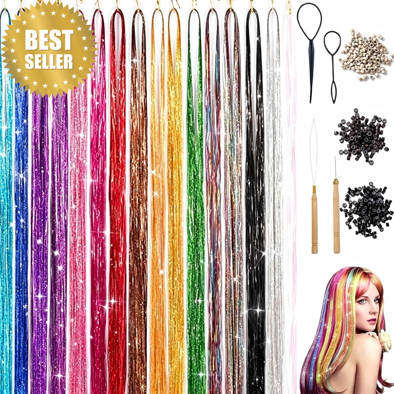 Hair Tinsel Kit 16 Colors, 3200 Strands Glue-Free Fairy Hair Extensions for Wome