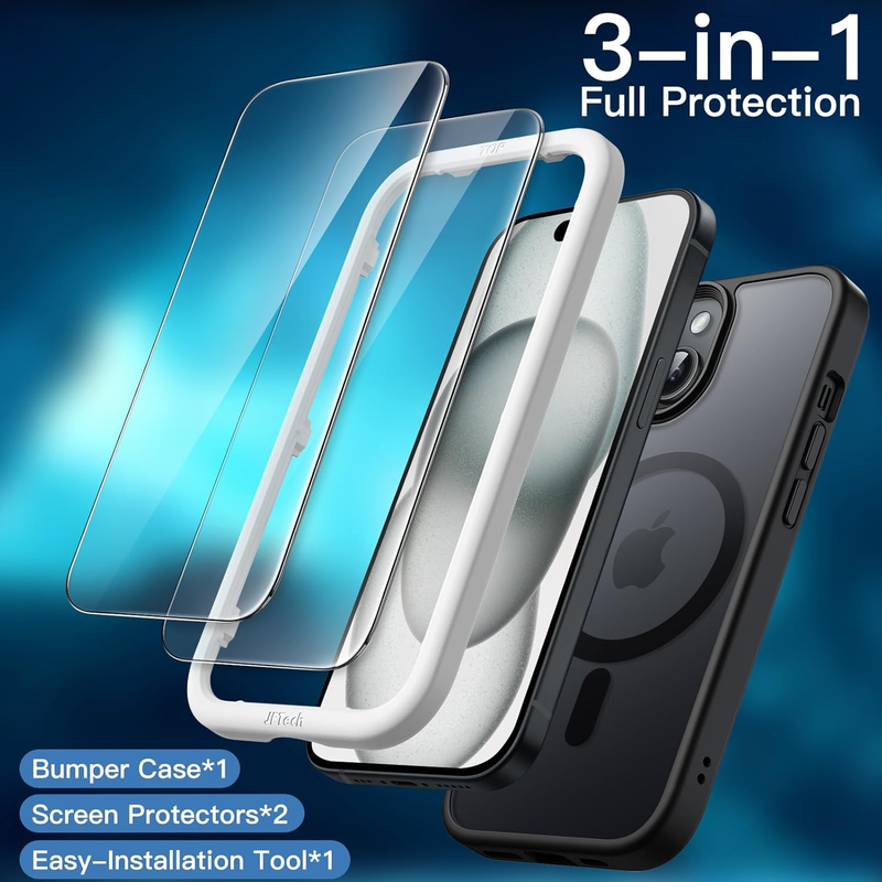 3 in 1 Magnetic Case for iPhone 15 6.1-Inch with 2 Pack Tempered Glass Screen Pr