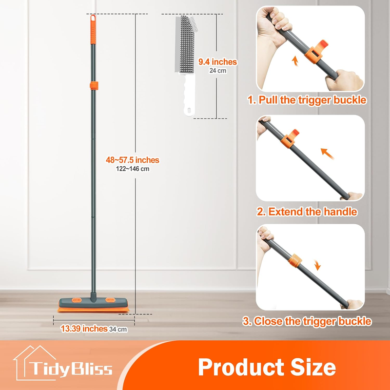 Rubber Broom with Silicone Squeegee, 57.5 inches Carpet Rake Pet Hair Removal Br
