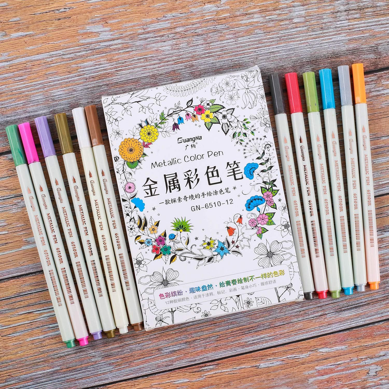 Guangna Metallic Calligraphy Marker Pens 12 Assorted Colors Soft Brush Tip Metal