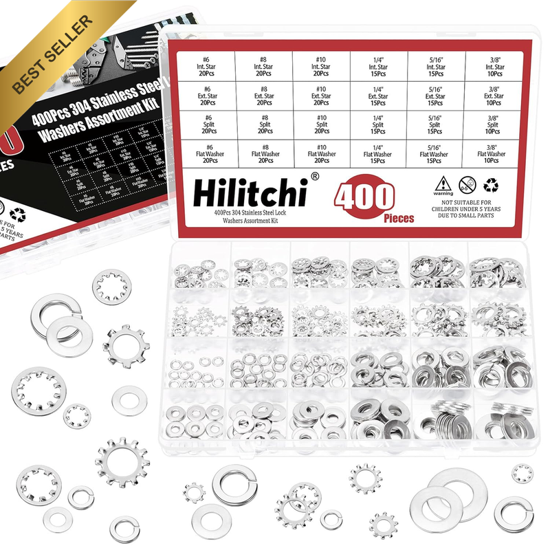 400PCS 6 Sizes British 304 Stainless Steel External Star Washer Internal Serrate