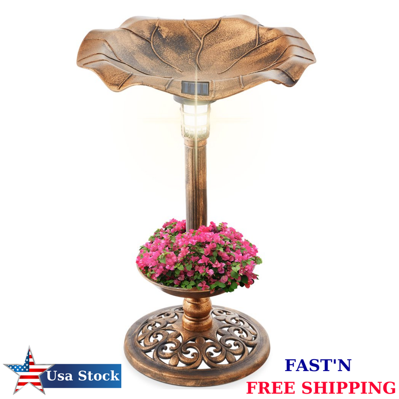 Solar Lighted Pedestal Bird Bath w/ Planter, Integrated Panel - Outdoor Decor
