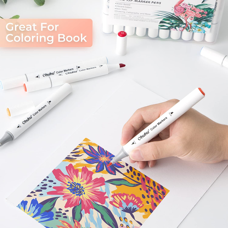 Ohuhu Markers Brush Chisel Tip: Water-Based 60 Colors Double Tipped Art Markers