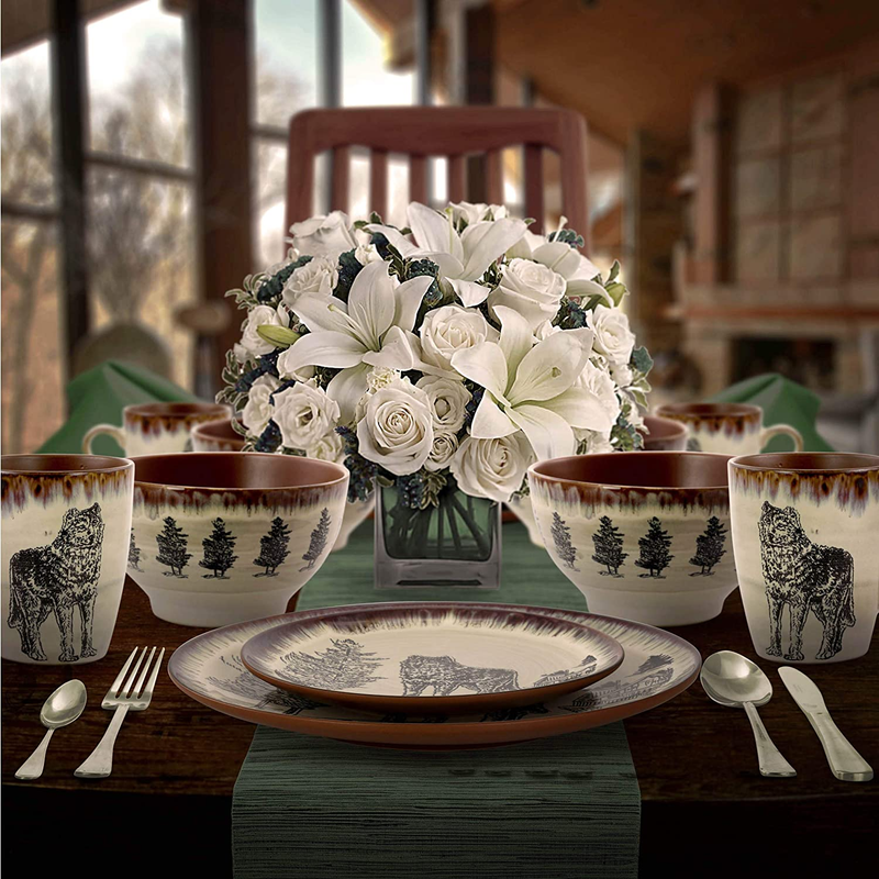 Round Stoneware Cabin Dinnerware Dish Set Wolf Design Brown Accents 16 Piece