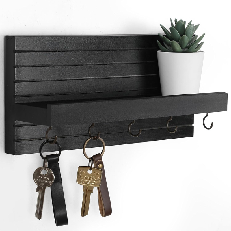 Lwenki Wall-Mounted Key Holder with Shelf and Hooks - Black, Medium
