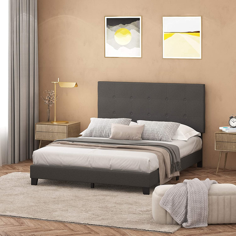 Laval Button Tufted Upholstered Platform Bed Frame, Queen, Stone