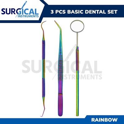3 Pcs Basic Dental Instruments Set Rainbow Color Stainless Steel German Grade