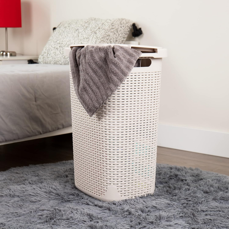 60L Slim Laundry Hamper, Clothes Basket, Lid, Wicker Design, Plastic, 17.65" L x