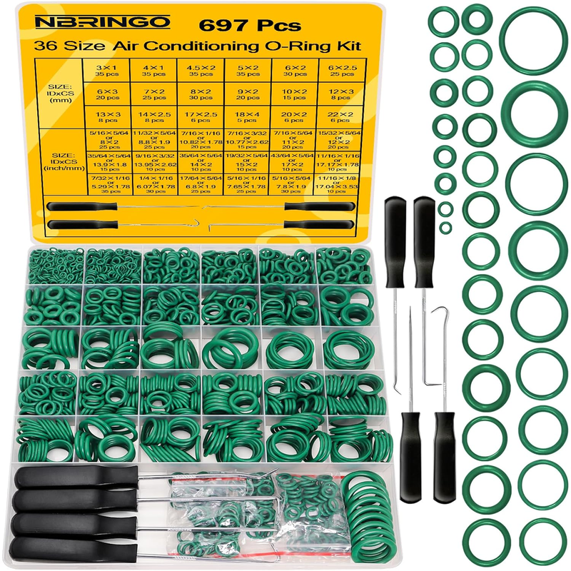 697 PCS AC O Ring Kit - Metric & SAE Green O-Rings for R12/R134A, with 4 Pick &