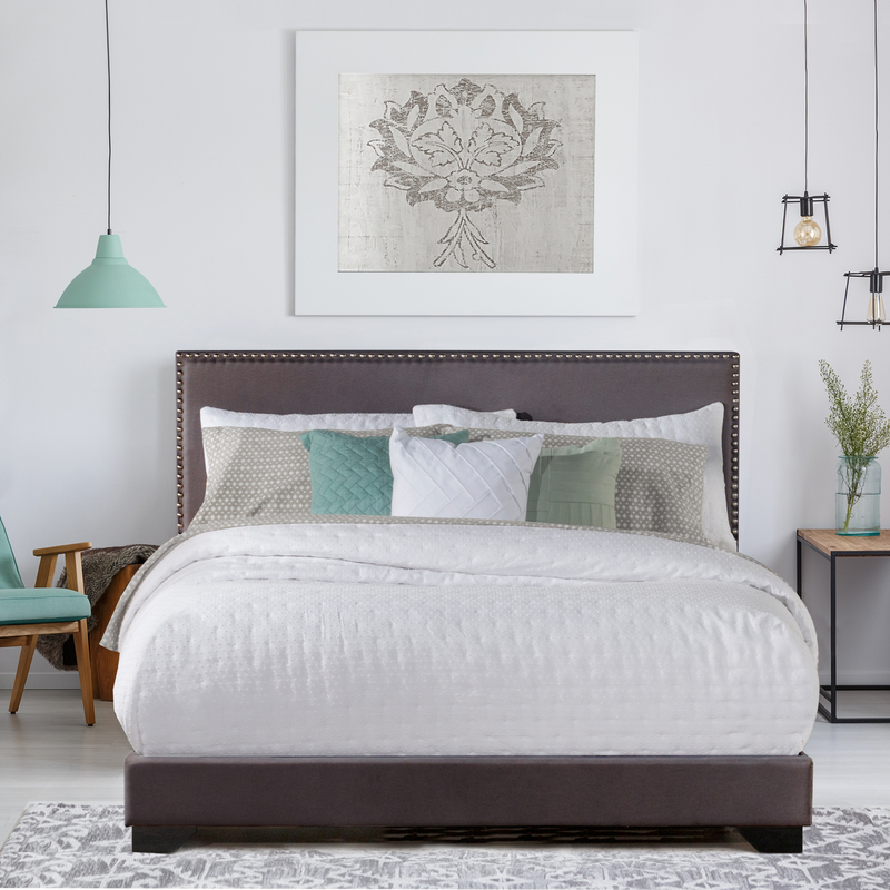 With Wood Slat Platform Headboard Nailhead Trim