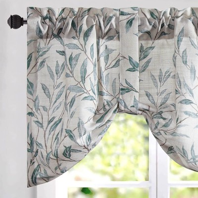 Tie-up Valance for Kitchen Windows Tie Up Curtains for Windows Blue Leaf Prin...