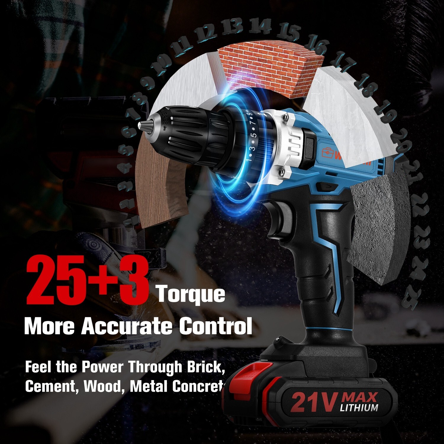 Drill Set 21v Cordless Drill Driver 2 w/ Lithium-ion Battery 1.5ah, Fast Charger