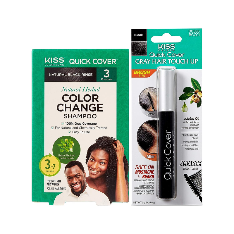 Kiss Quick Cover Natural Herbal Color Change Shampoo 3 Pouches (2 PACK, Shampoo&
