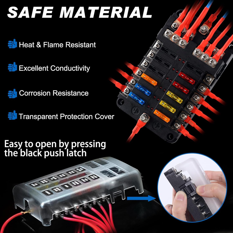 Fuse Block, 12v Fuse Box Holder with Led Indicator Waterproof Cover,  12 Circuit