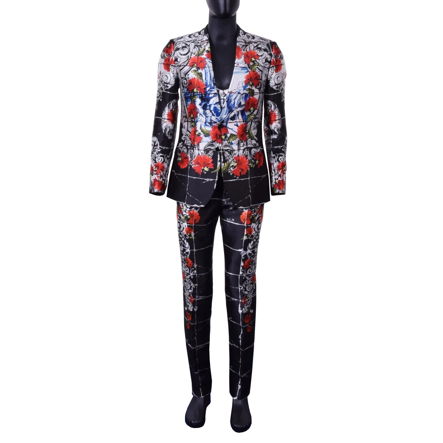 Pre-owned Dolce & Gabbana 3-piece Torero Carnation Print Silk Suit Black White Red 06908