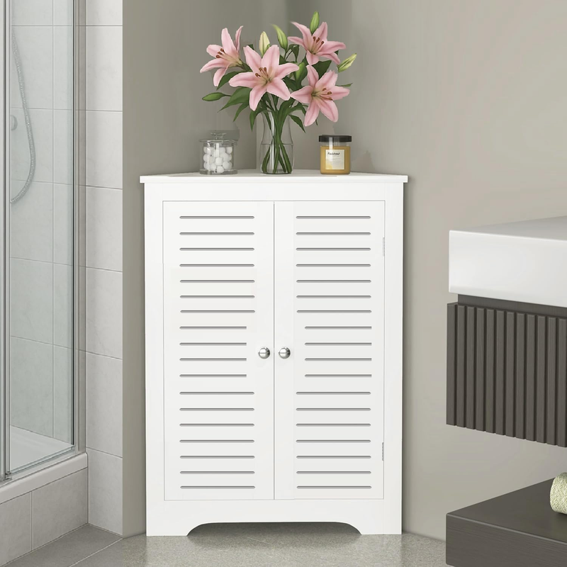 Bathroom Corner Storage Cabinet, Floor Cabinet with 2 Doors, Freestanding Corner Organizer, Home Space Saver for Bathroom, Kitchen, Living Room (White)