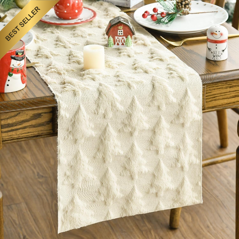 Christmas Table Runner Quilted Plush 3D Tree Green Beige 183x33cm Winter