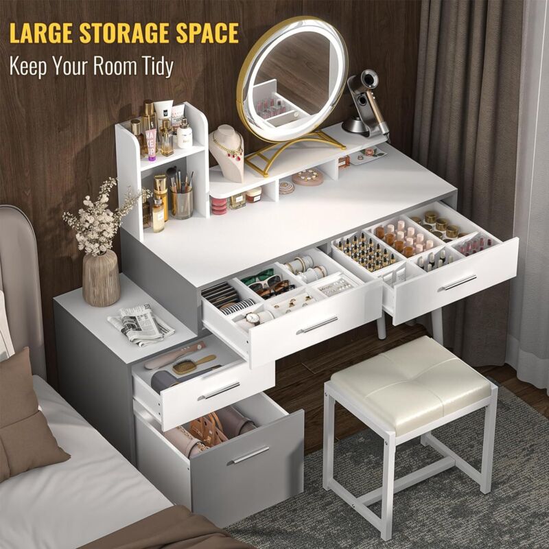 Modern Vanity Desk Mirror & Lights & Drawers Makeup Desk + Reversible Cabinett